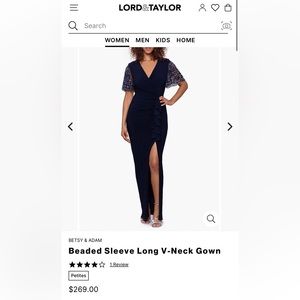 Beaty & Adam Navy Beaded Sleeve V-neck Gown
